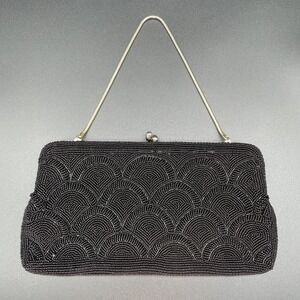 Vintage Black Seed Beaded Evening Purse Clutch Snap Close Gold Strap Made Japan